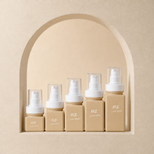 empty beige cosmetic lotion bottle